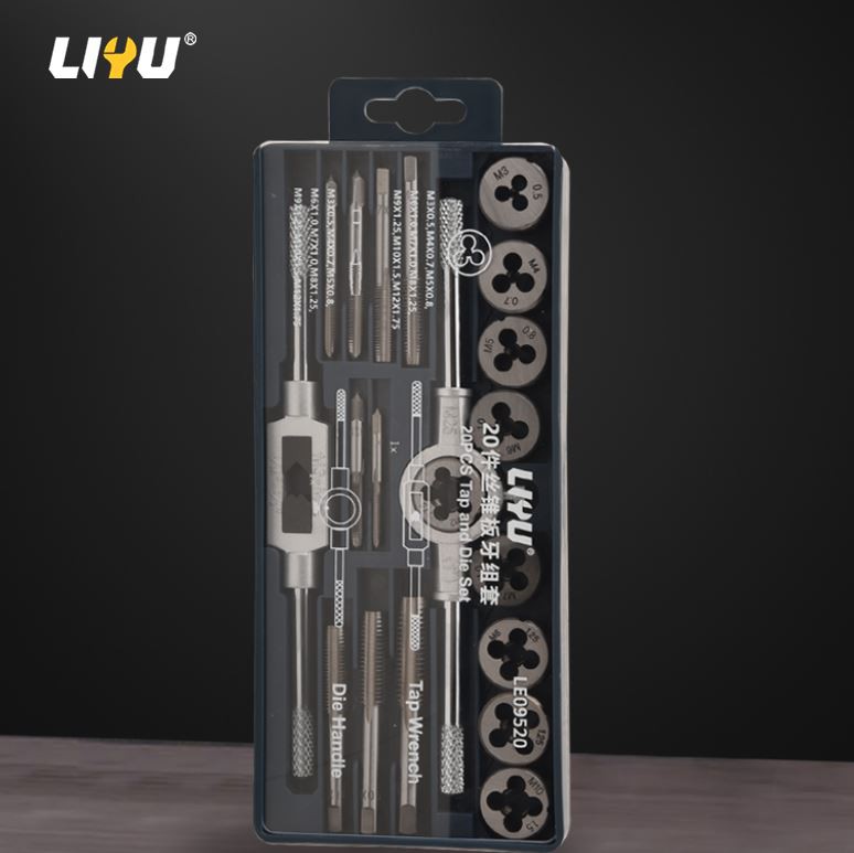 Krānu un uzmavu komplekts 20 daļ. manuāla vītņgriezes atslēga, uzgriežņi un tīrītāji vītņošanas instrumenta vītņu skrūves